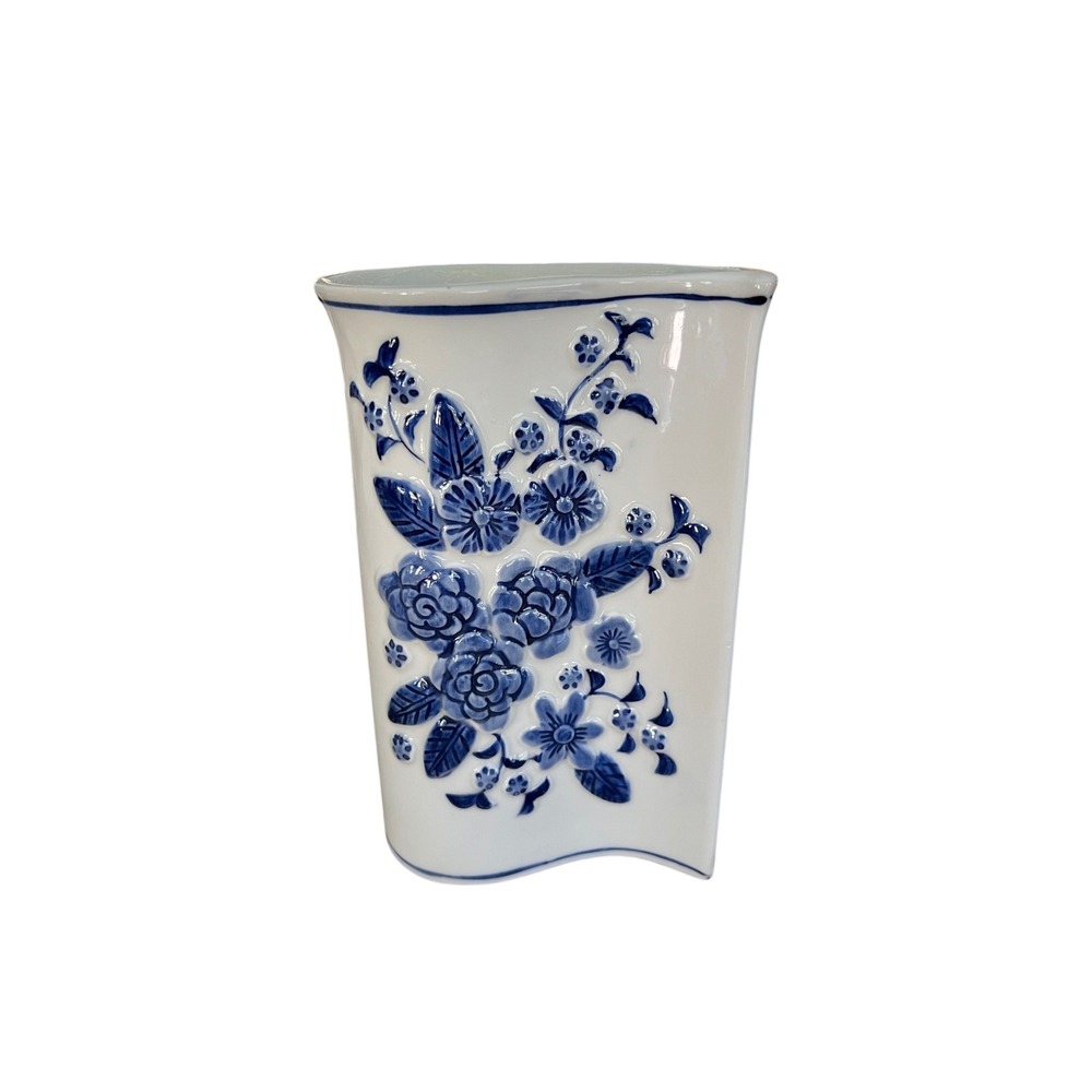 Vintage Chinese Blue White Porcelain Crescent Vase Raised Floral Qianlong Mark